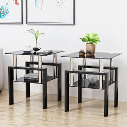 Glass Side Table 2-Tier Modern Glass Top
