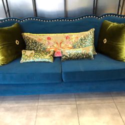 91” Teal Velvet Sofa - Extra Deep 39” Nailhead Trim