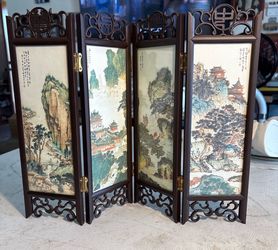 Japanese Vintage Mini Folding Screen Hand Painted Panels 4-Panel Divider 12”h X 15”L