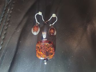 Vintage .925 Sterling Silver Baltic Cognac Amber Pendant Earrings Set Sun Spangles