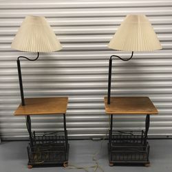 2-Brass Floor Lamp End Table Magazine Rack Combination