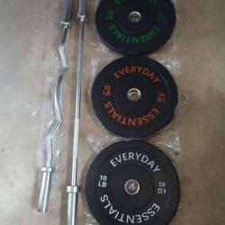 Curl bar, Olympic bar, weight station rack, bumper weight plates, step platform