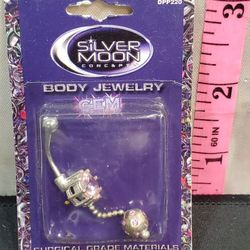 @CHV.  SSILVER MOON BODY JEWELRY BELLY BUTTON NAVEL RING BIG STONE FLAIL HANGING STYLE 