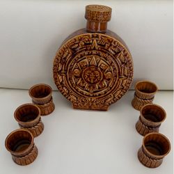 Aztec Calendar Ceramic Decanter Set with 6 Shot Glasses