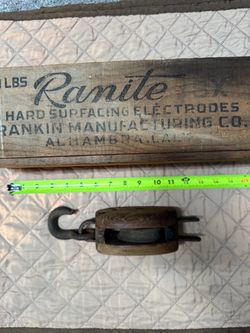 Antique Wood Block Pulley & Vintage Ranite Industrial Wood Crate Decor Lot