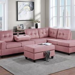 New Pink Velvet Reversible Sectional And Ottoman