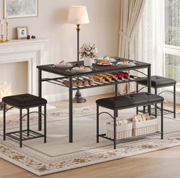 Garvee Dining Table Set for 4, Kitchen Table with Upholstered Bench and 2 Stools