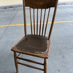Vintage Wood Chair with Embossed Leather Seat and Carved Back