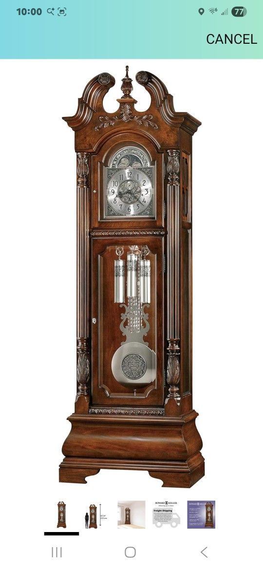 Howard Coolidge Grandfather Clock II, Wood Finish Analog Display Black Arabic Numerals with Triple Chime German Movement, Swan-Neck Pediment Antique S