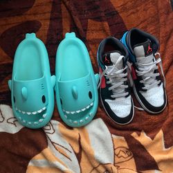 Both Size 7 In A Haf Shark Slides And Jordan 1s