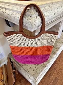 Colorful Crochet Handbag with Leather Handles