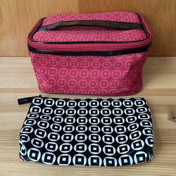 Lancome Red/Black Wrap Around Zip Train Case Cosmetic Travel Makeup Bag w/ Pouch
