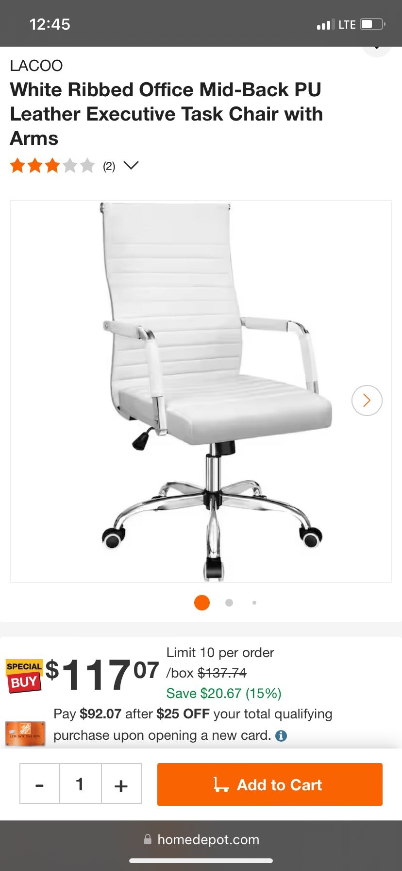 White Ribbed Office Mid-Back PU Leather Executive Task Chair with Arms