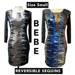BEBE Addiction- Size Small- Black Blue Metallic Silver Sequin Mesh Mini Dress. YES! IT'S STILL AVAILABLE. 