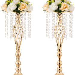Gold Vases Centerpieces for Table: 21.7" Tall Flower Stand with Crystal Patent for Wedding Center Piece Party Event Set of 2