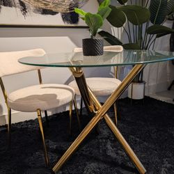GLASS AND GOLD DINING SET, RUG AND TREE