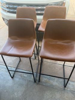 Set of 4 Brown Leather Bar Stools