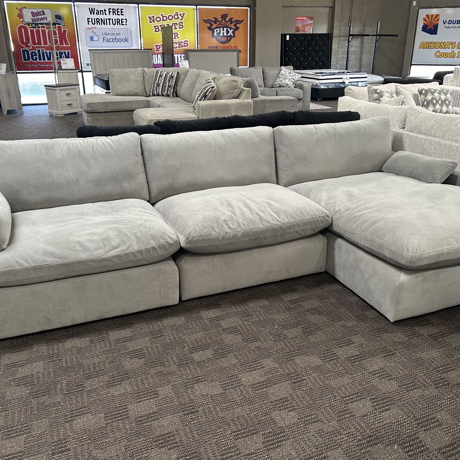Grey Cloud feather Down Velvet Sectional Couch 