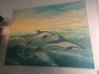 28” X 22” Double Flying Dolphins Hand oil painting