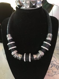 Black Leather Rhinestone and Crystal Choker Necklace. A silver metallic crystal bracket