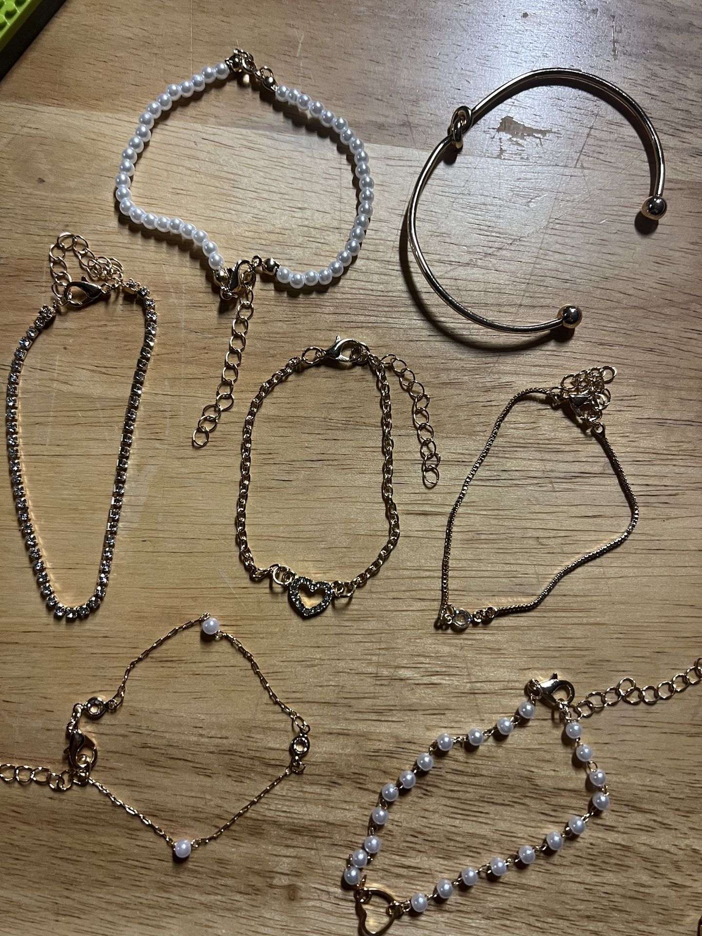 7 Golden and Faux Pearl Wedding Bracelets (Lot of 7 all together)