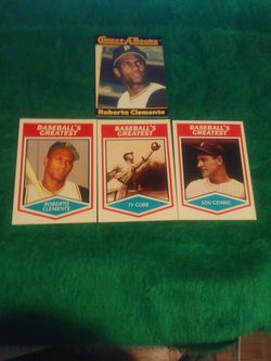 Baseballs Greatest 3 cards replic...Roberto Clemente...Lou Gehrig...Ty Cobb...plus 1 book from Roberto Clemente.