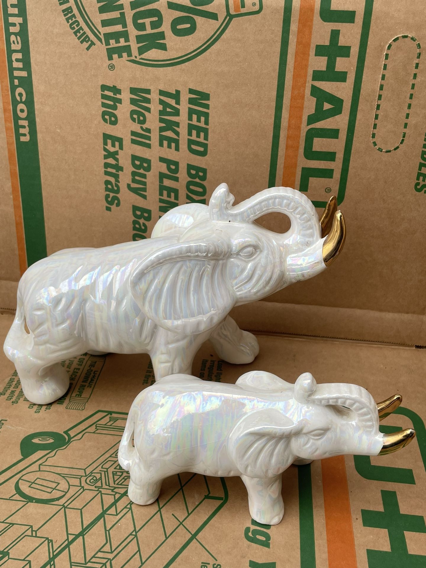 White Lusterware Elephant With Her Baby Tusks Figurine Made In Taiwan