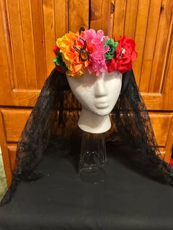 Day of the Dead Flower Crown with Black Lace Veil