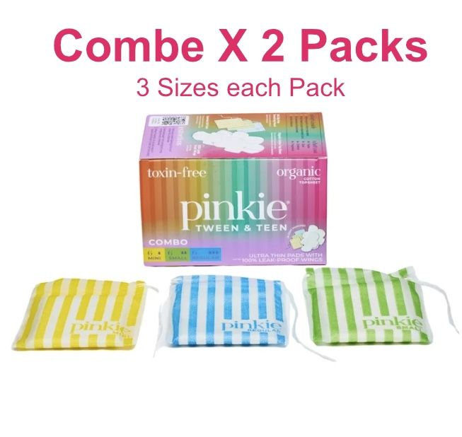 (2)PACKS -PINKIE Tween&Teen Ultra-thin Organic Topsheet Pads W/ Wings COMBO SIZE