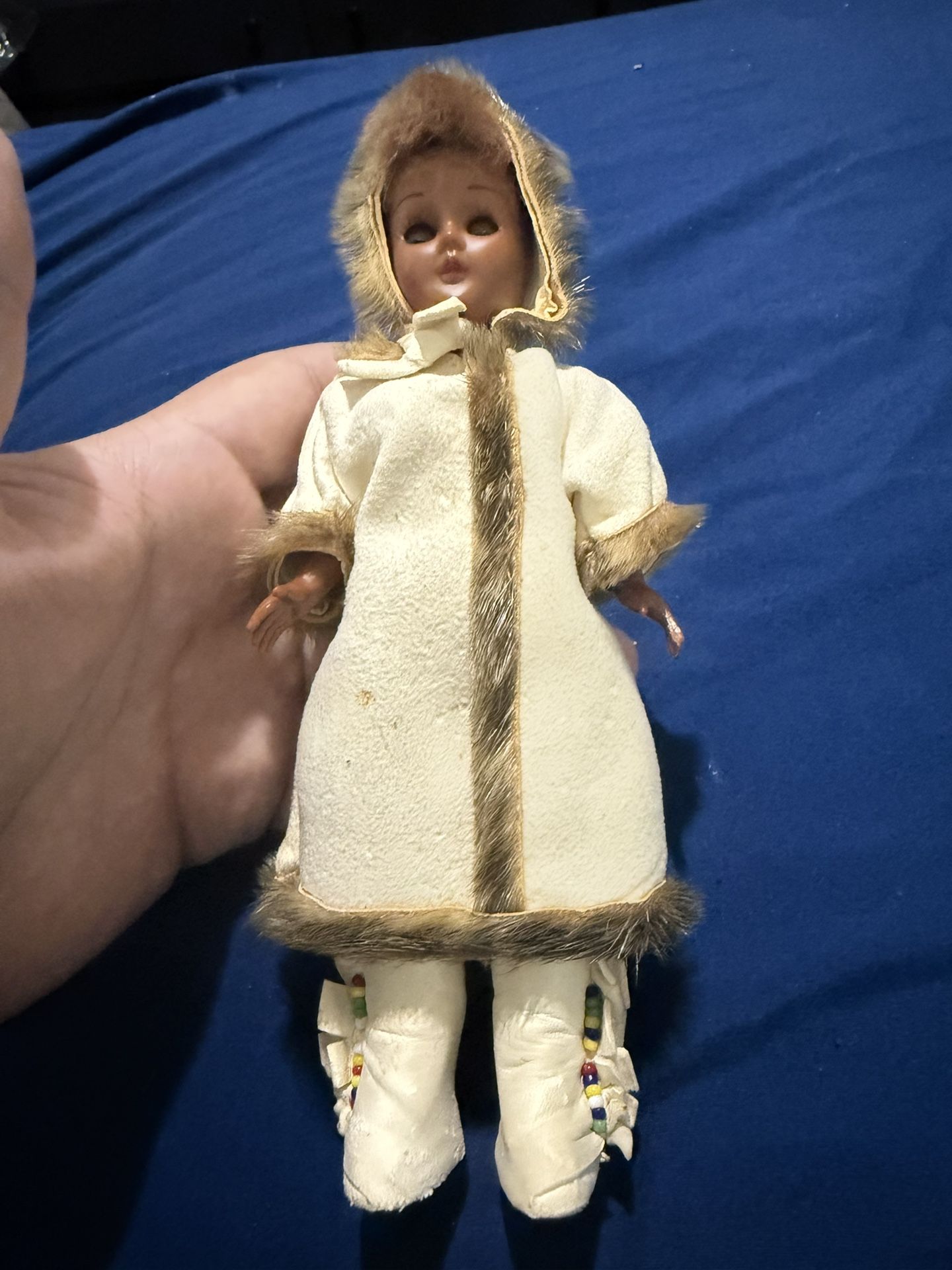 Vintage 8” Inuit/ Native American Doll Sleepy Eyes Deerskin By E. Cloutier