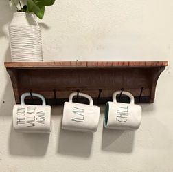 Rustic Wood Wall Shelf with Hooks