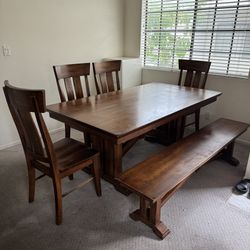 World Market Lugano Mission Style 6 Pcs Solid Wood Dining Set, Table, Bench and 4 Chairs 