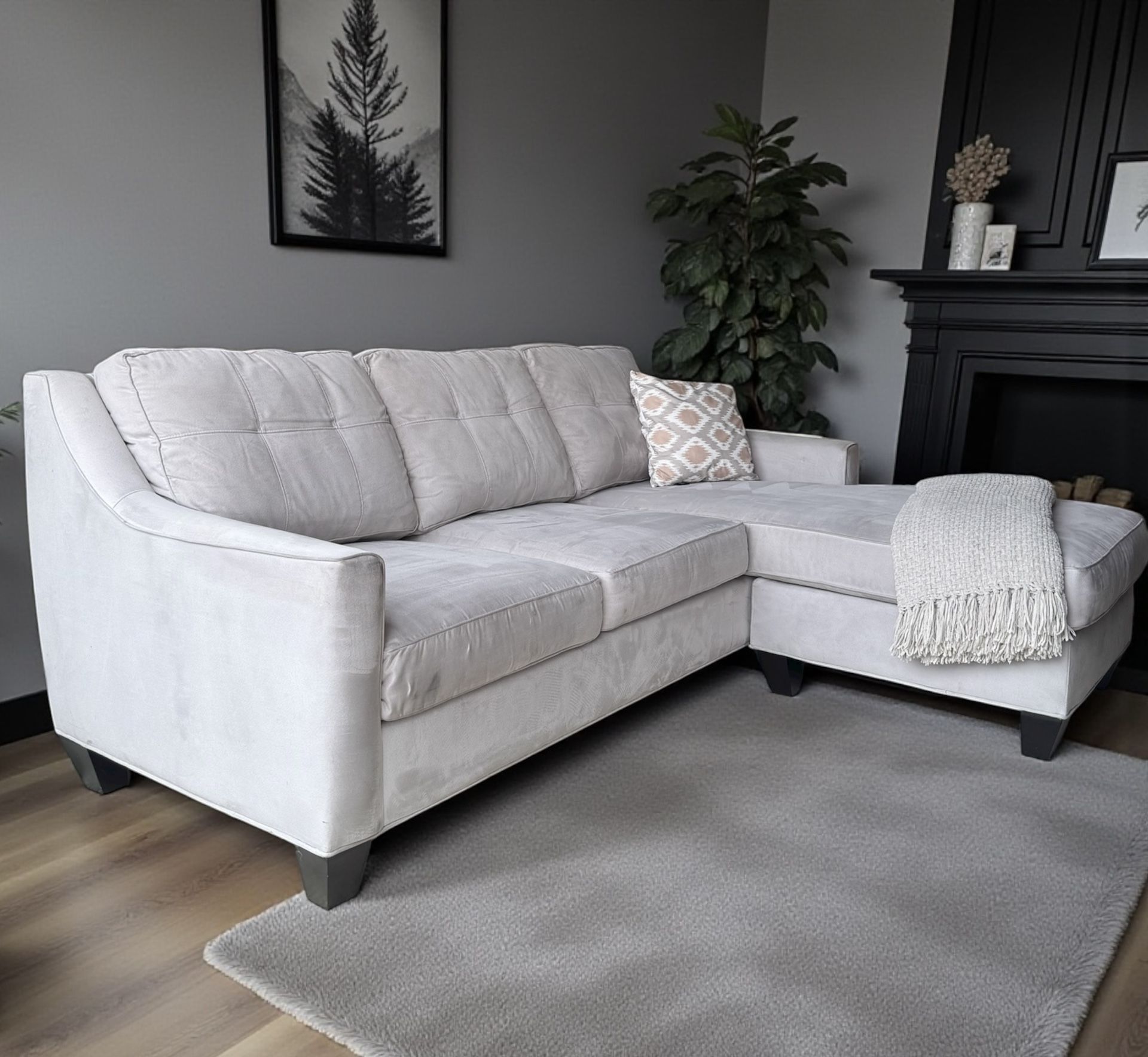 Cindy Crawford Home Sectional Sofa Light Gray Velvet with Reversible Chaise