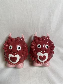 Pink Ceramic Monster Salt & Pepper Shakers Set Hand painted Hearth Design Rare