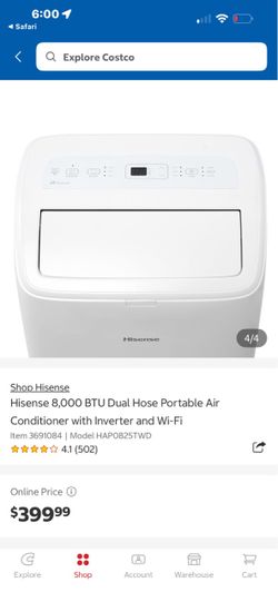 Hisense 8,000 BTU Dual-Hose Inverter Portable AC w/ Wi-Fi – Costco Model