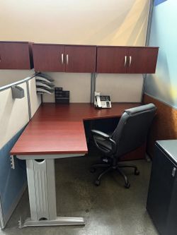(3) Commercial L-Shaped Office Workstation + Overhead Cabinets