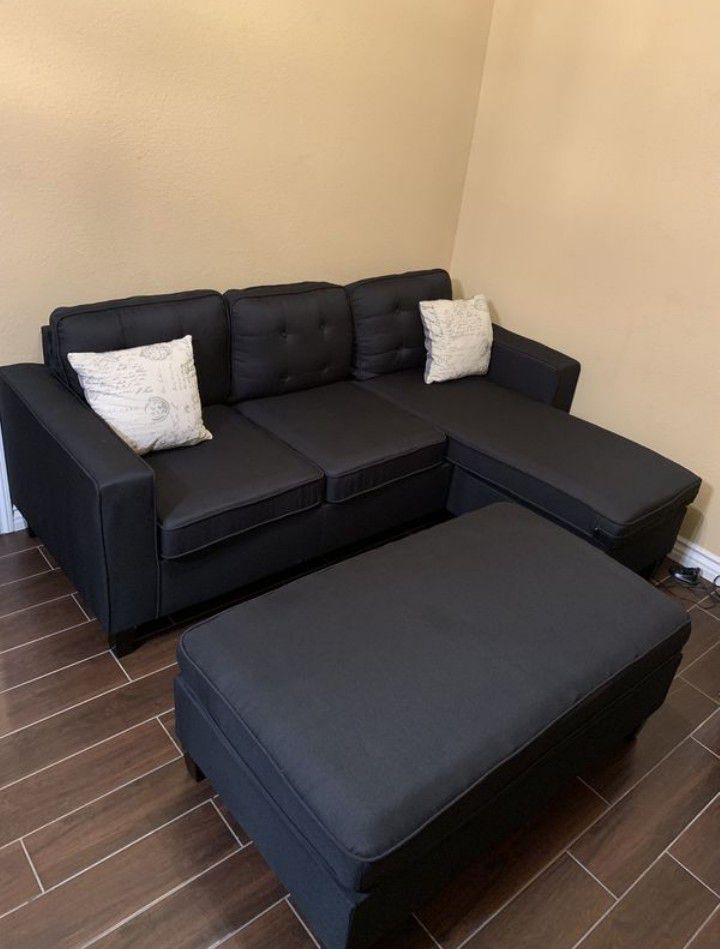 Brand New Black Linen Sectional Sofa +XL Ottoman (New In Box) 