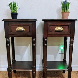 Pair Of 2 Dark Brown Mahogany Nightstands Drawers End Tables Tall Square Night Stands Shelf Gold Handles 