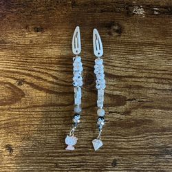 White Hair Clips With White Gummy Bear Beads And Kittie And Diamond Charms 