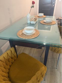 Glass Top Dining Table with Dark Metal Legs