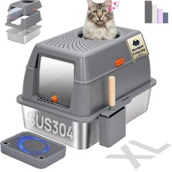 Stainless Steel Litter Box with Lid, SUS304 Metal Cat Litter Box, Enclosed Extra Large Kitty Litter Box High Wall, Jumbo Cat Litter Box with Triple Pe