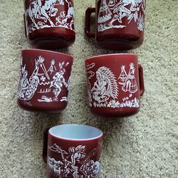 1950's Hazel Atlas Native American Milk Glass Children's Cup Set Of 5