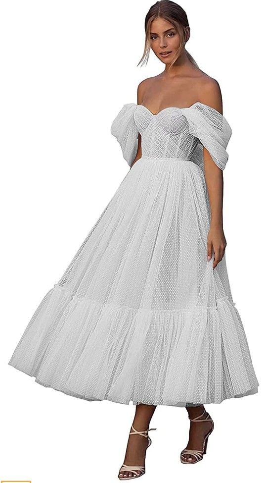 Off Shoulder White Tulle A Line Sweetheart Dress - size 8