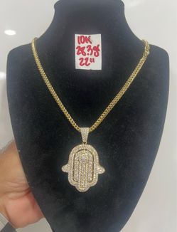 For Wedding 10K Yellow Gold Franco Chain and Pendant CUBIC ZIRCONIUM STONES 28.3Gr 22 Inches Long