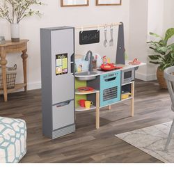 idKraft Alexa-Enabled 2-in-1 Wooden Kitchen & Market with Lights and Sounds, Interactive Foods and Games Plus 105 Accessories