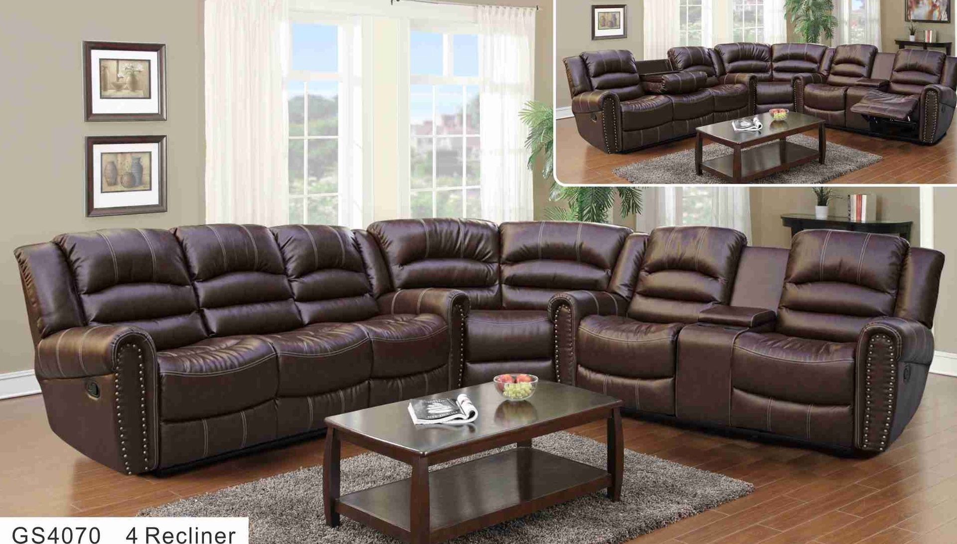 New baseball stitch brown bonded leather reclining sectional couch with wedge