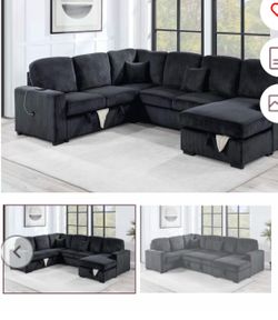 $650. 4Piece Convertible Sectional  Sleeper Sofa ,Chaise Storage ,Sofa Storage & USB Ports