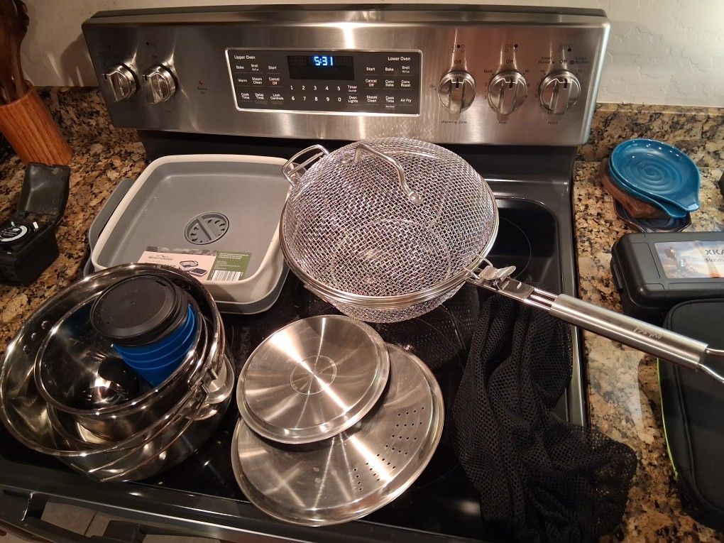 Grilling Basket, Set Of Imbeded Pots & Lids, Collapsing Wash Basin/Tub