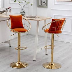 42 in. Orange Velvet Low Back Golden Metal Frame Rotation Adjustable Height Bar Stool with Fabric Seat [NEW]