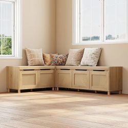 L-Shaped Storage Bench with Flip-Top Seats, Woven Rattan Panels, Corner Window Bench with Hidden Storage